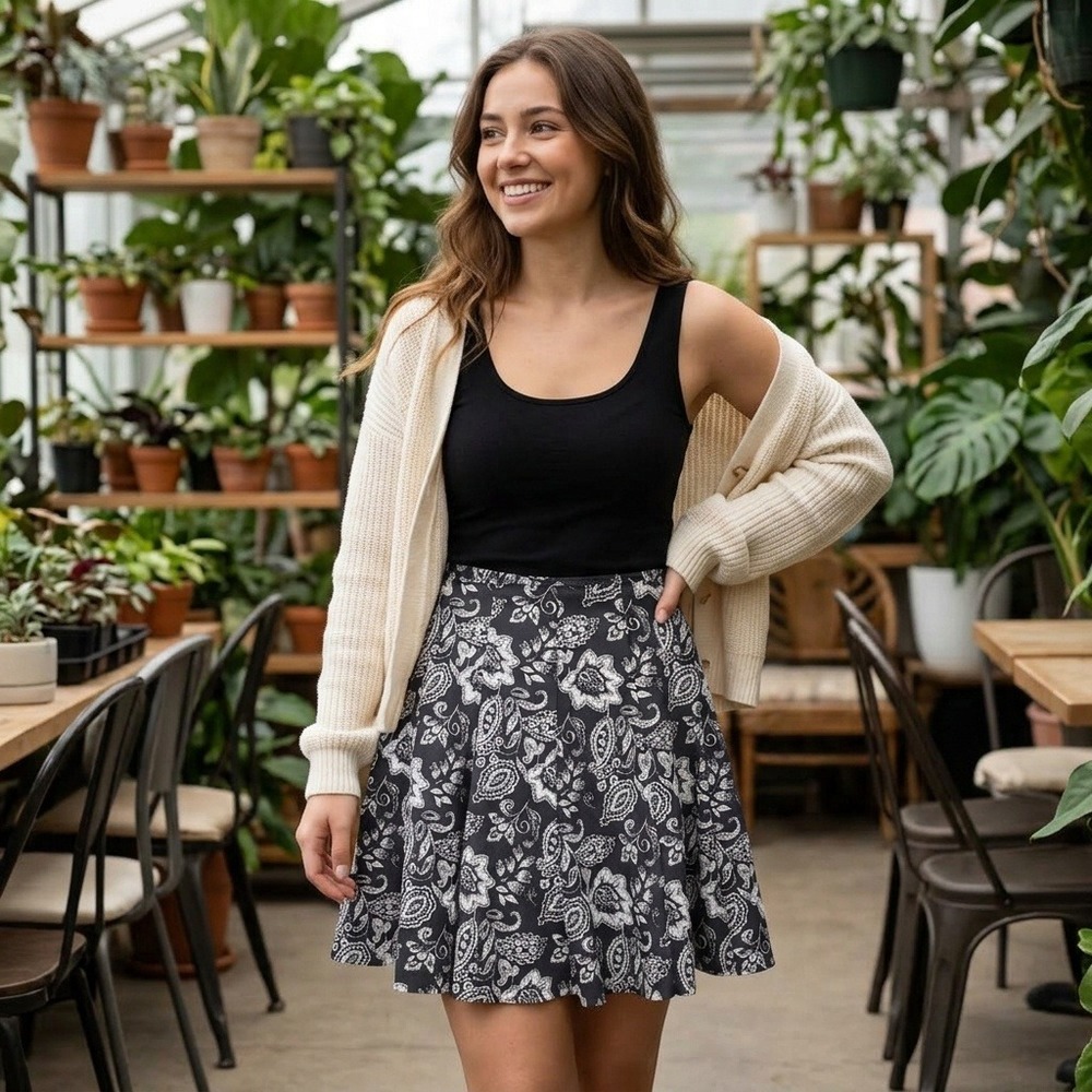 Abercrombie & Fitch M Black White Paisley Floral Skater Mini Skirt